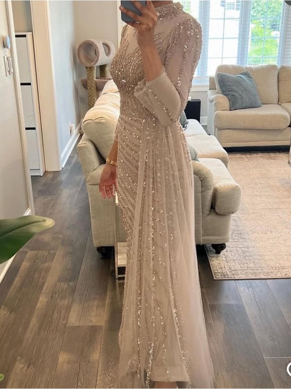 Elegant Beaded Champagne Evening Gown
